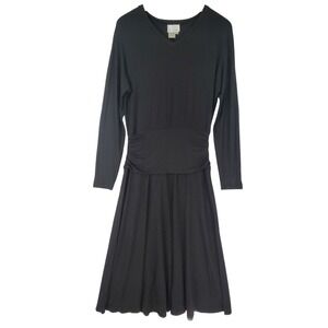 Donna Morgan Vintage Long Sleeve Black Jersey Banded Waist Midi Dress Size 4